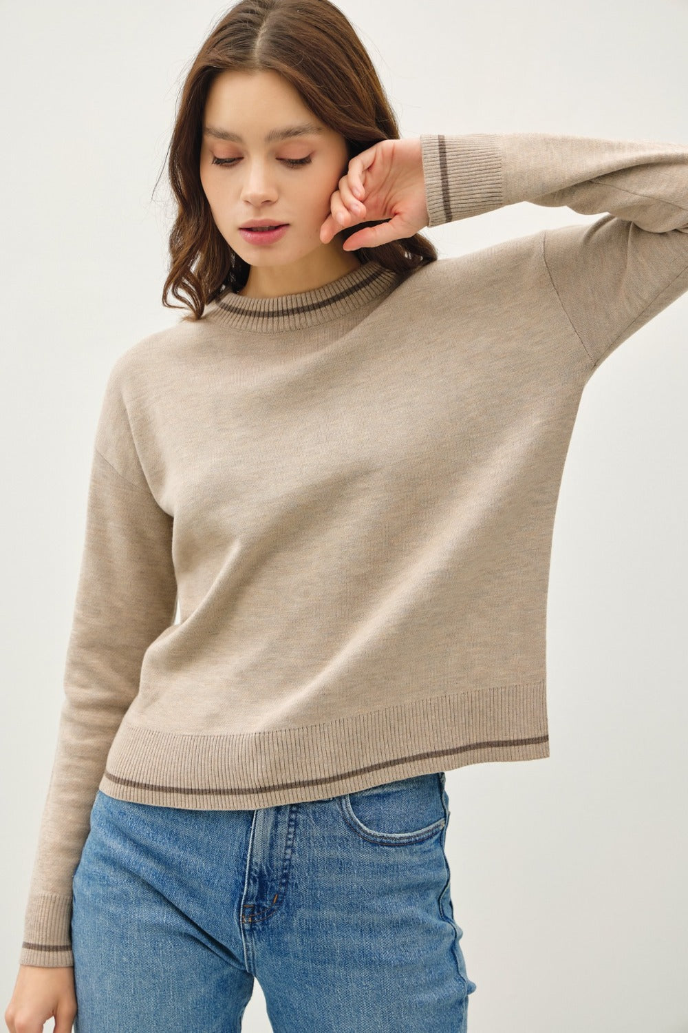 Be Cool Striped Trim Round Neck Long Sleeve Sweater