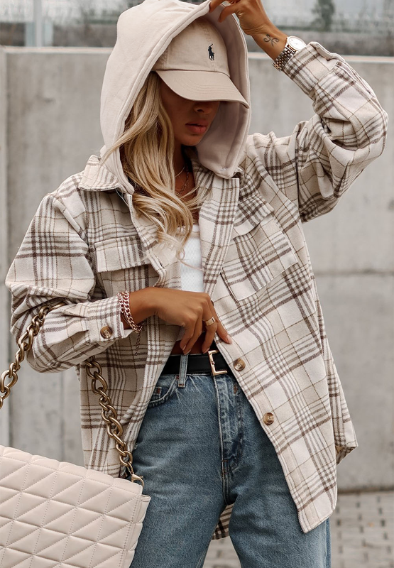 Plaid Removable Hood Button Up Shacket