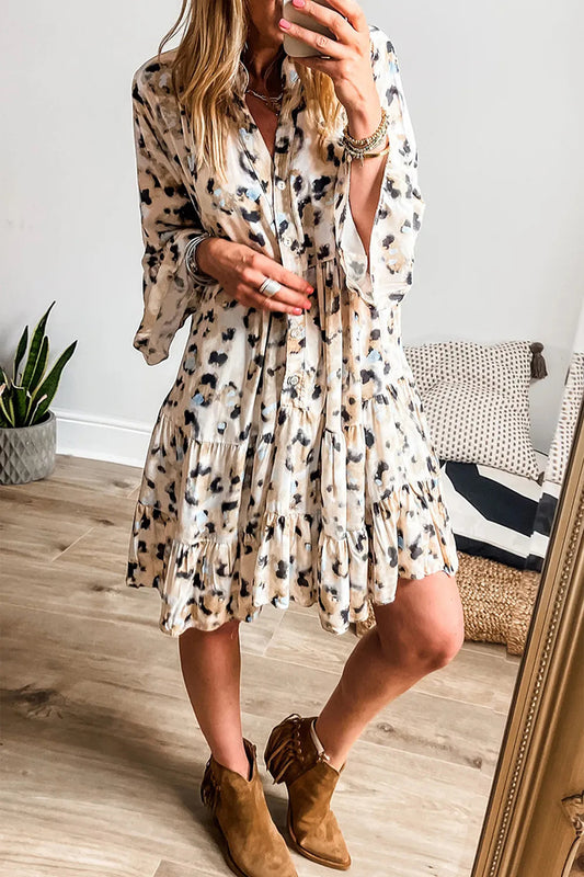 Leopard Notched Long Sleeve Tiered Dress