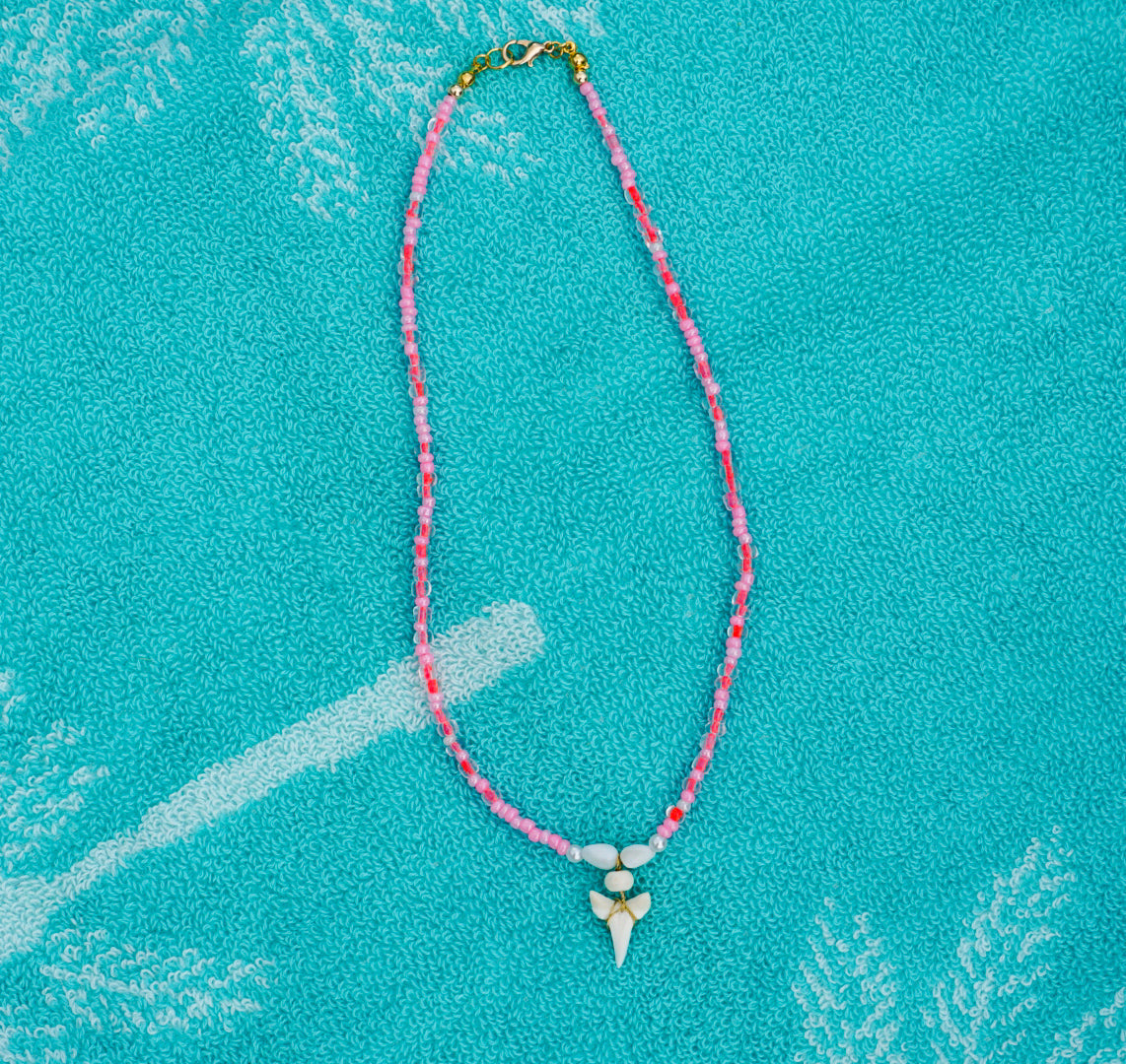 Shark Bait Pink Seed Bead Necklace With Real Shell and Shark Teeth