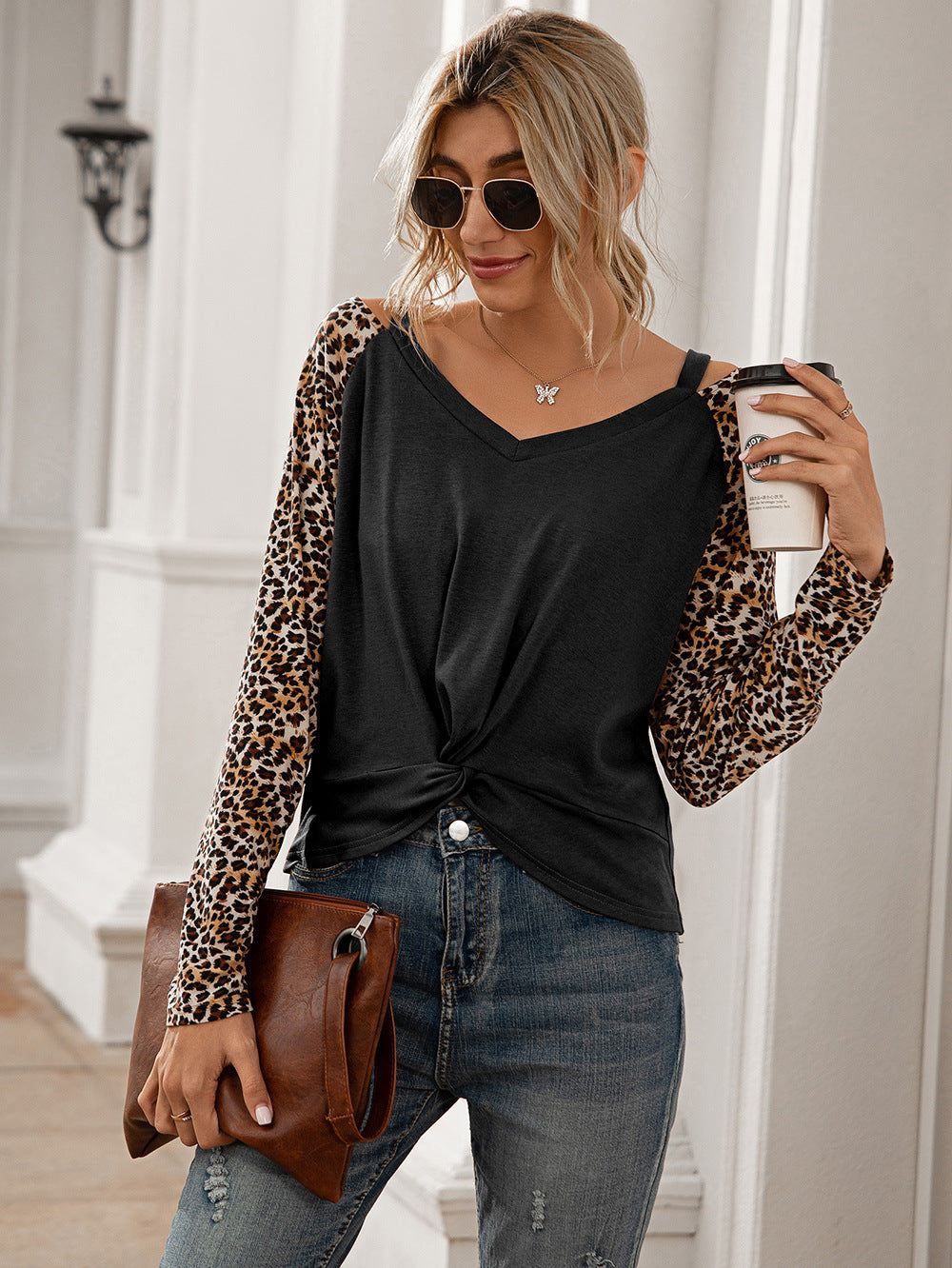 Ivy Lane Leopard Twist Front Cold-Shoulder Tee