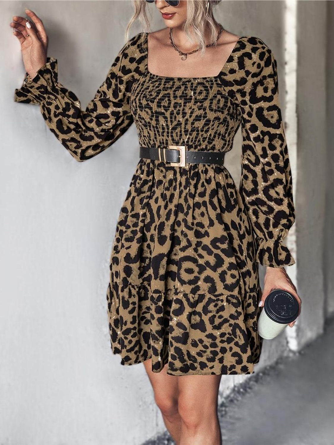 Leopard Smocked Flounce Sleeve Mini Dress