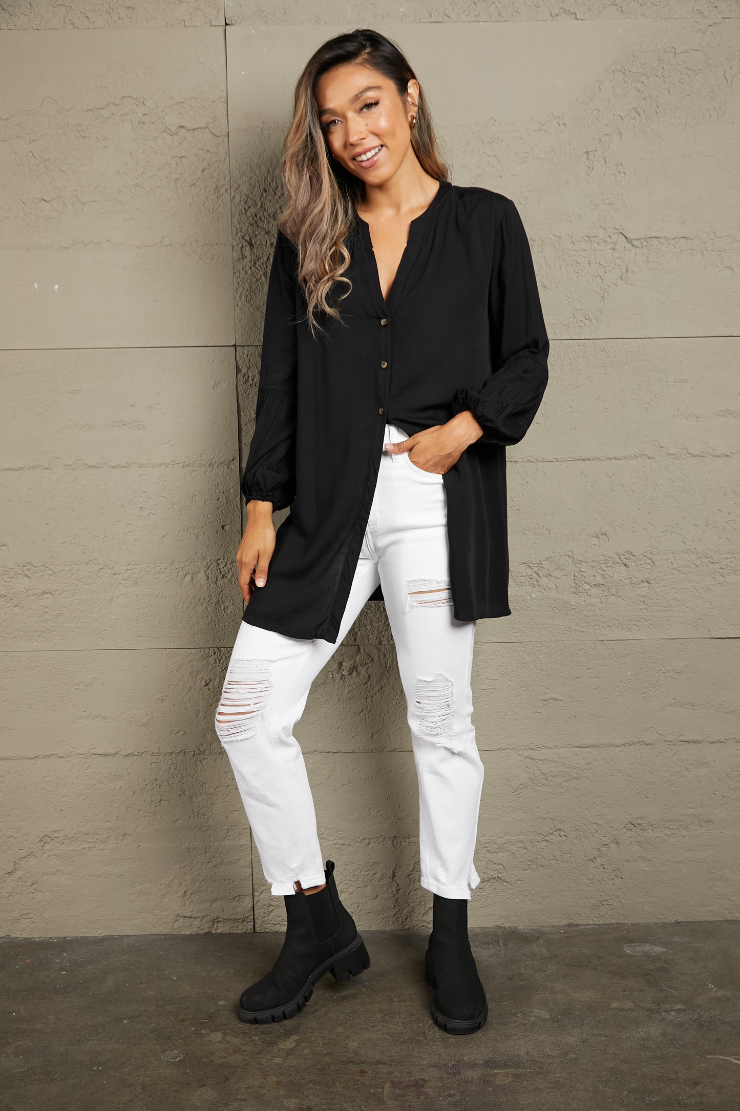 Ivy Lane Notched Neck Balloon Sleeve Shirt