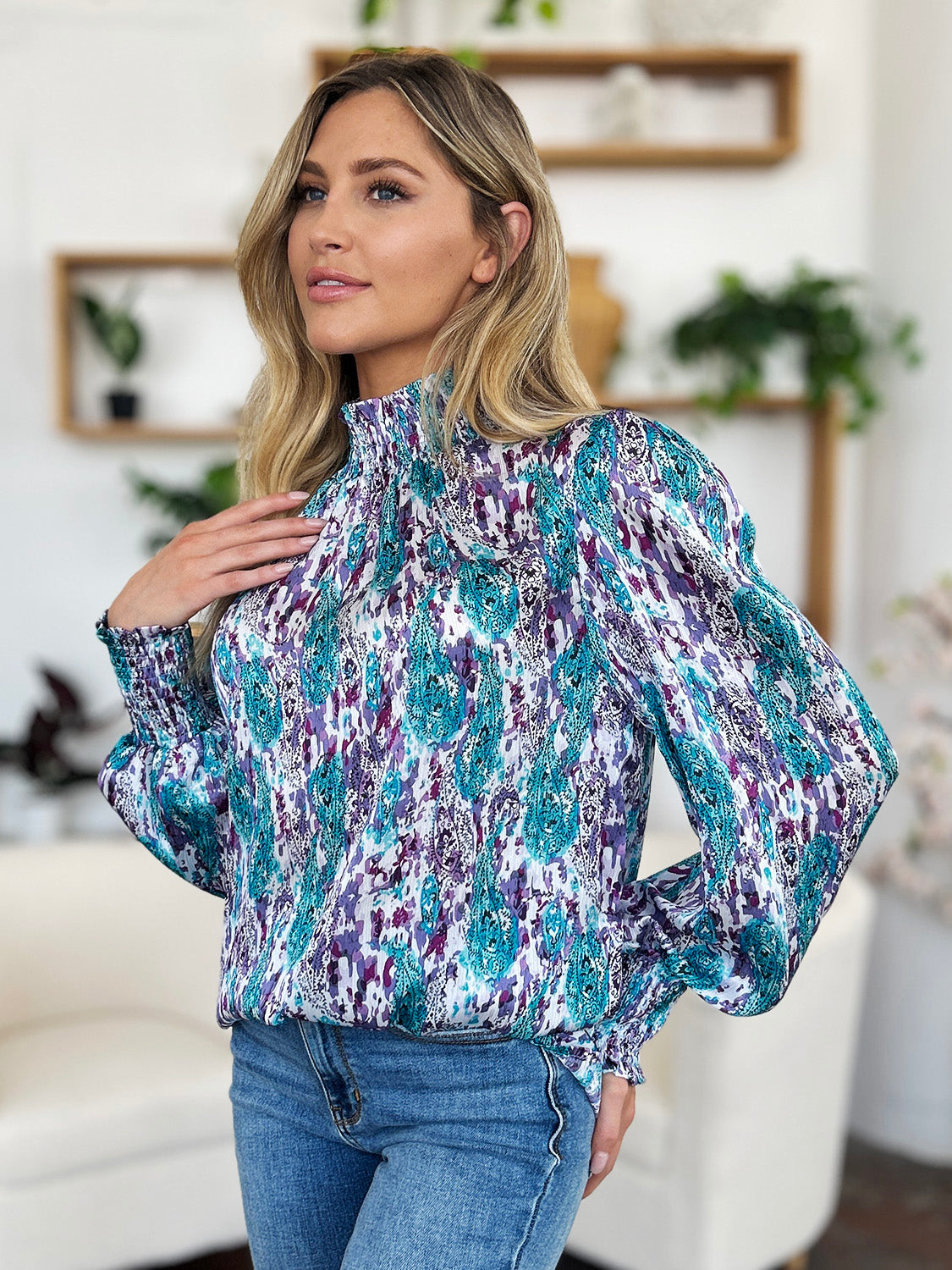 Double Take Full Size Printed Smocked Long Sleeve Blouse