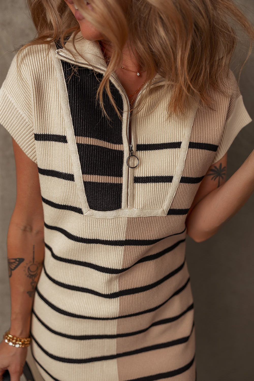 Striped Quarter Zip Cap Sleeve Sweater Dress