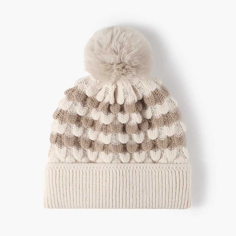 Striped Contrast Knit Hat with Pom-pom