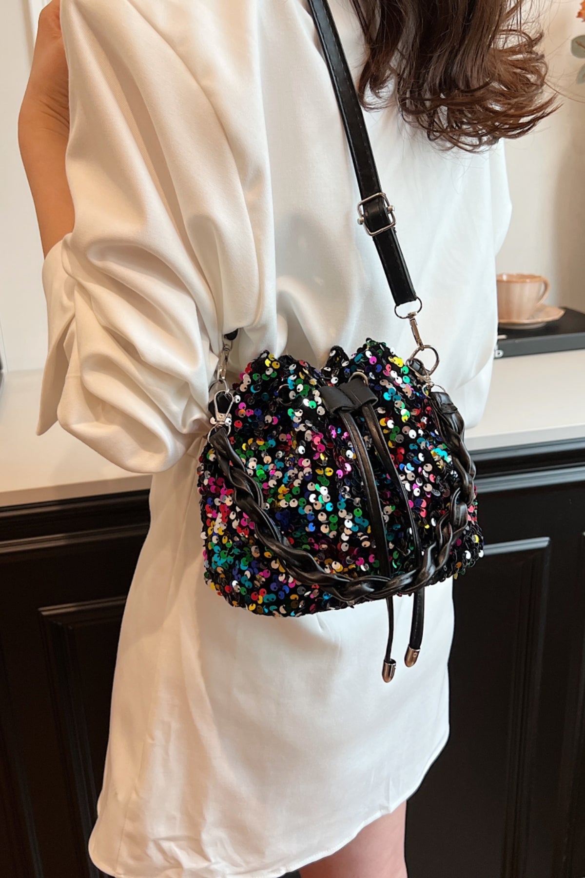 Sequin Drawstring Bucket Bag