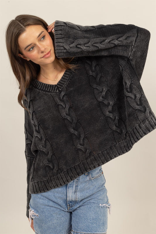 HYFVE Cable Knit V-Neck Dropped Shoulder Oversized Sweater