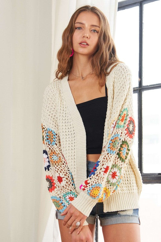 ADORA Full Size Contrast Crochet Open Front Long Sleeve Cardigan