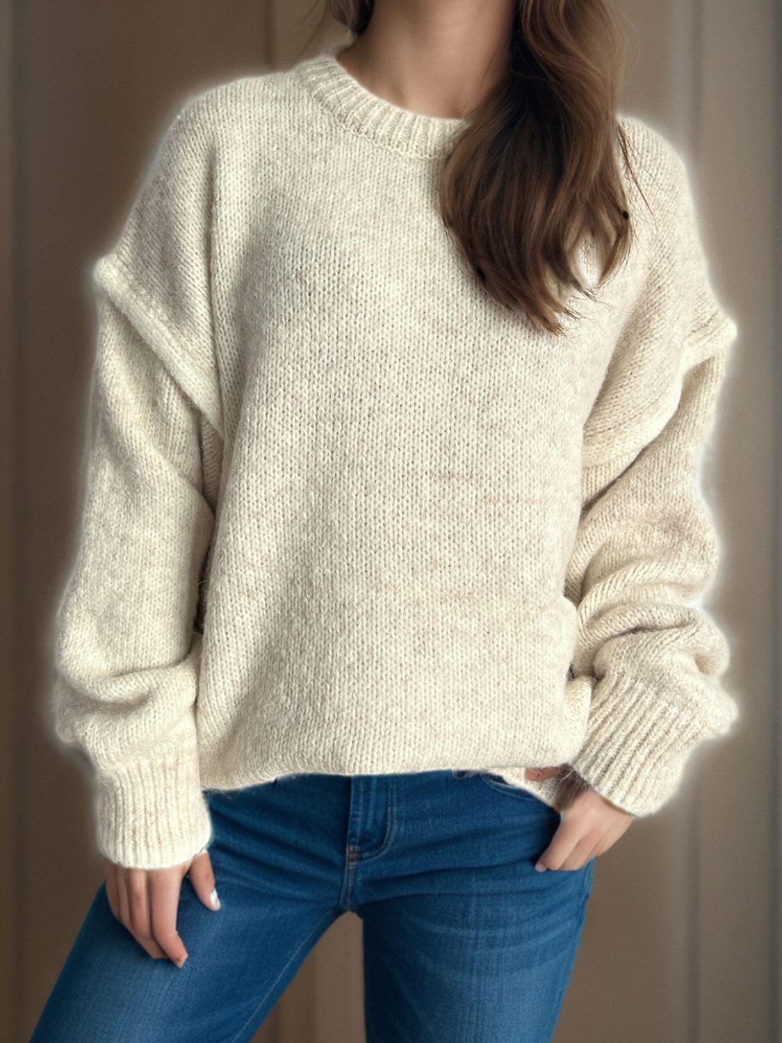 Contrast Trim Round Neck Dropped Shoulder Sweater