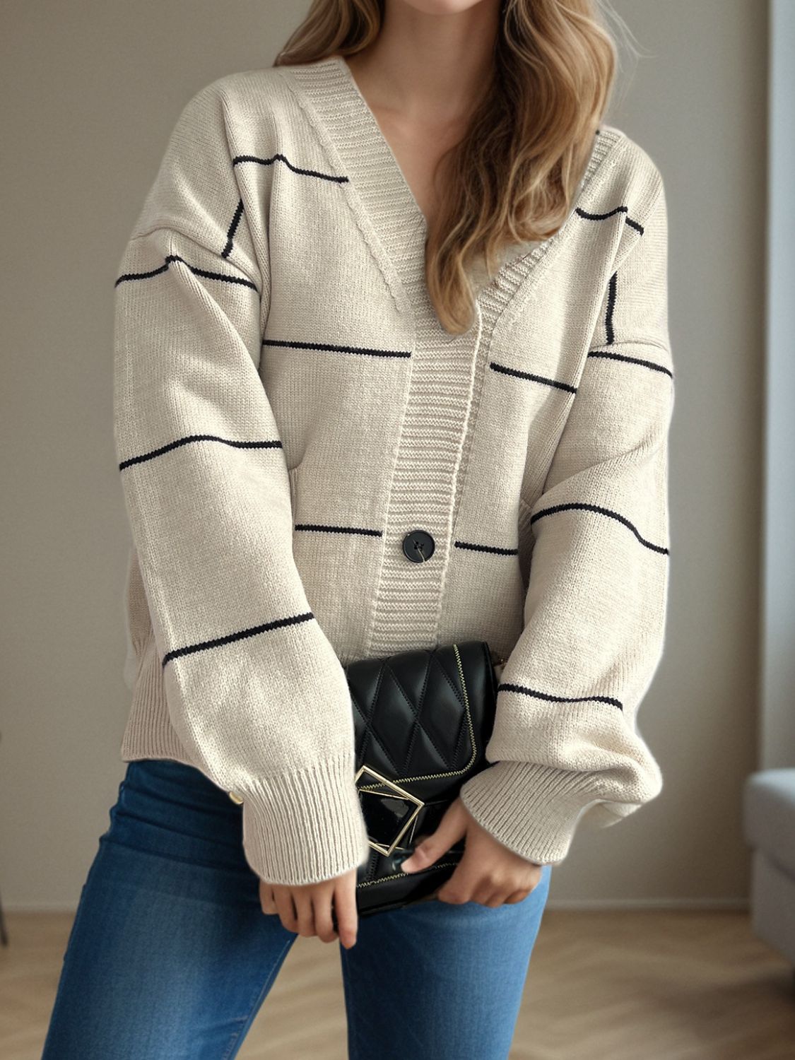 Striped Button Down V-Neck Long Sleeve Cardigan