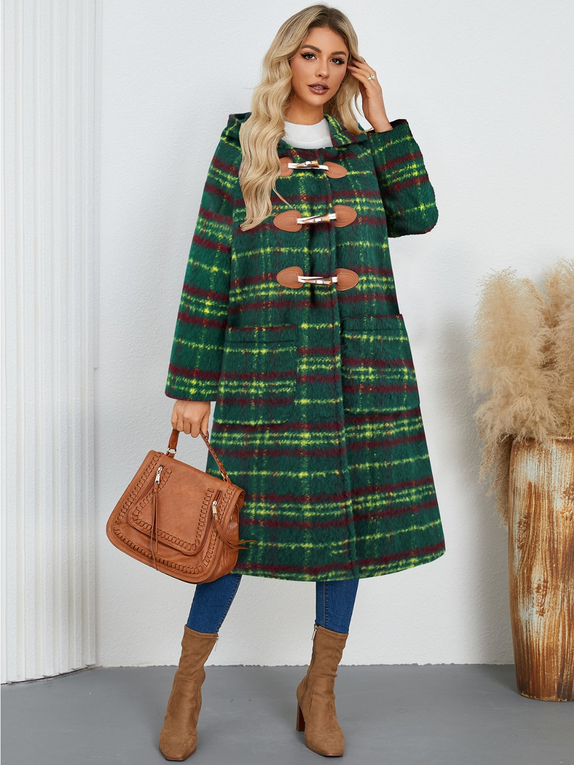 Plaid Long Sleeve Hooded Coat with Pockets