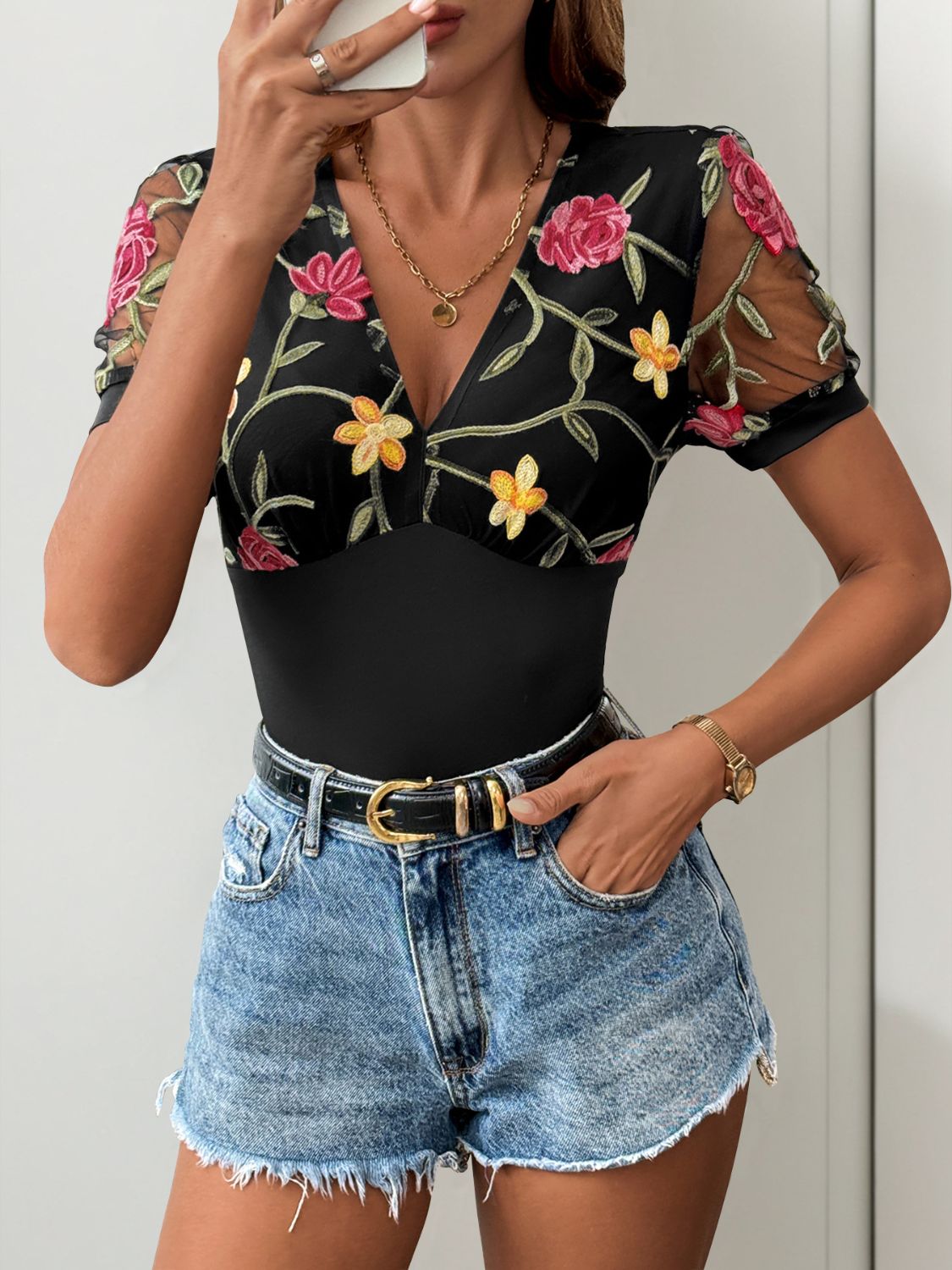 Perfee Embroidered V-Neck Floral Bodysuit