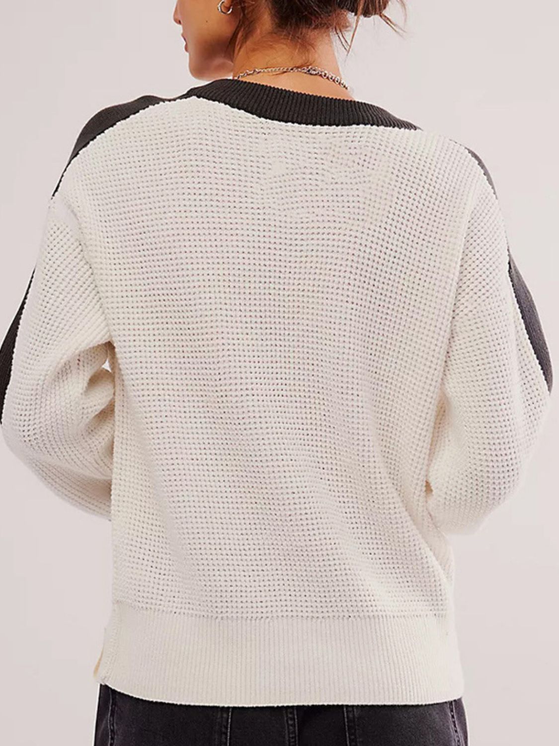 Waffle-Knit Contrast Round Neck Sweater