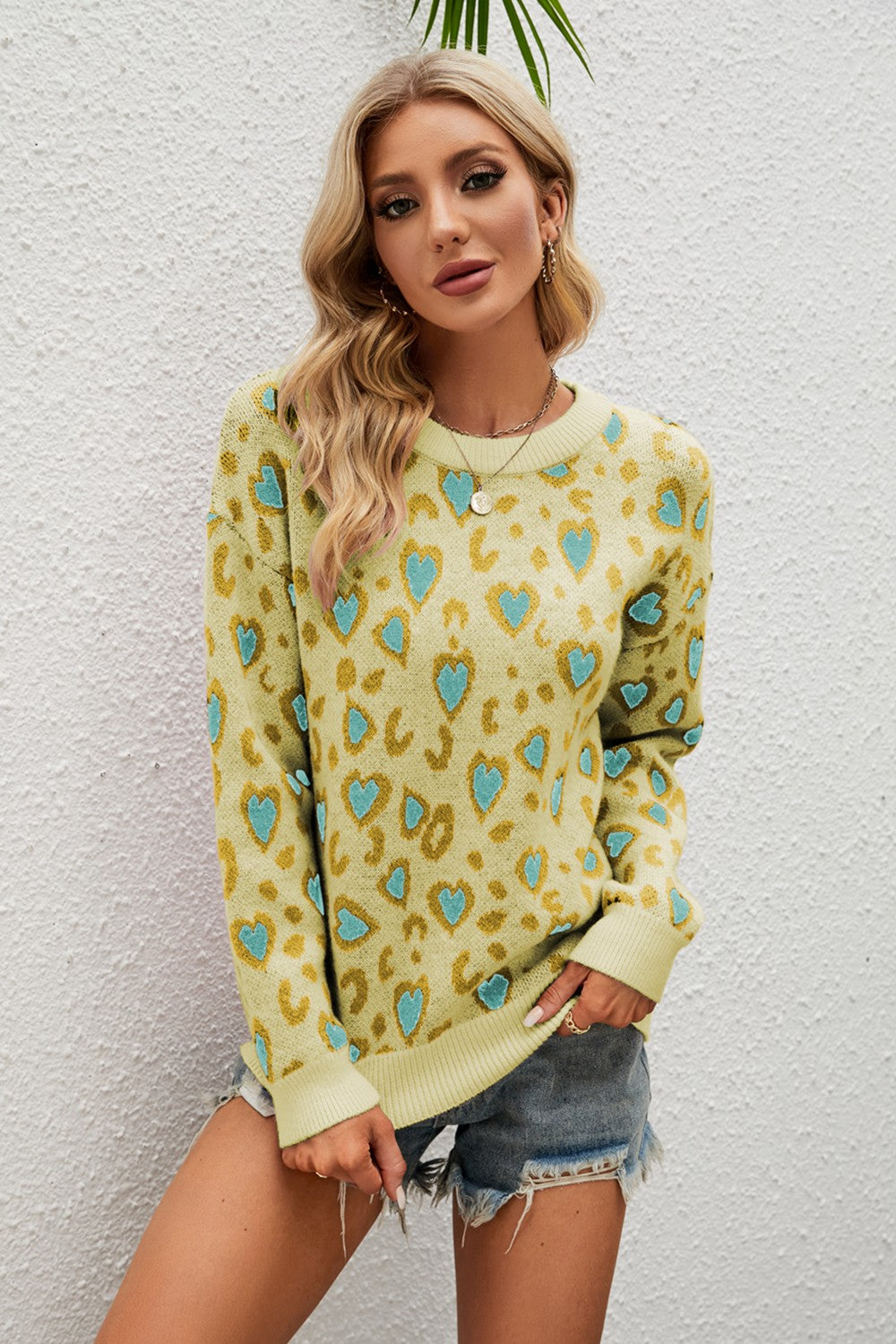 Heart Round Neck Dropped Shoulder Sweater