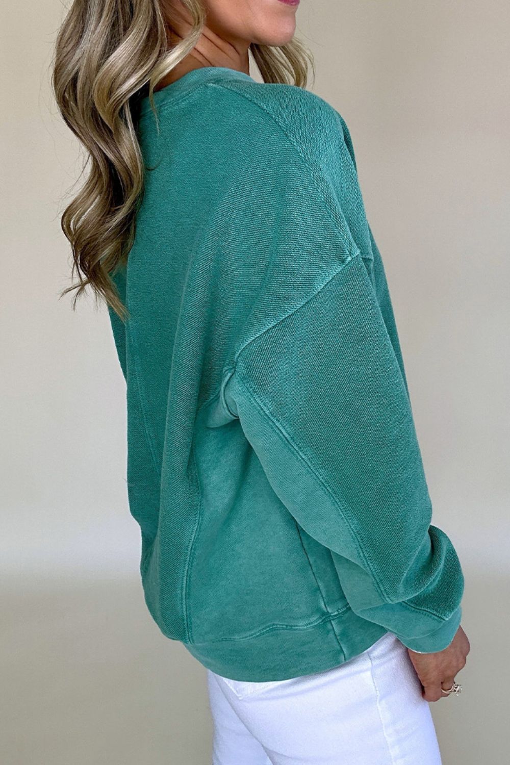 Notched Drop Shoulder Long Sleeve Sweatshirt