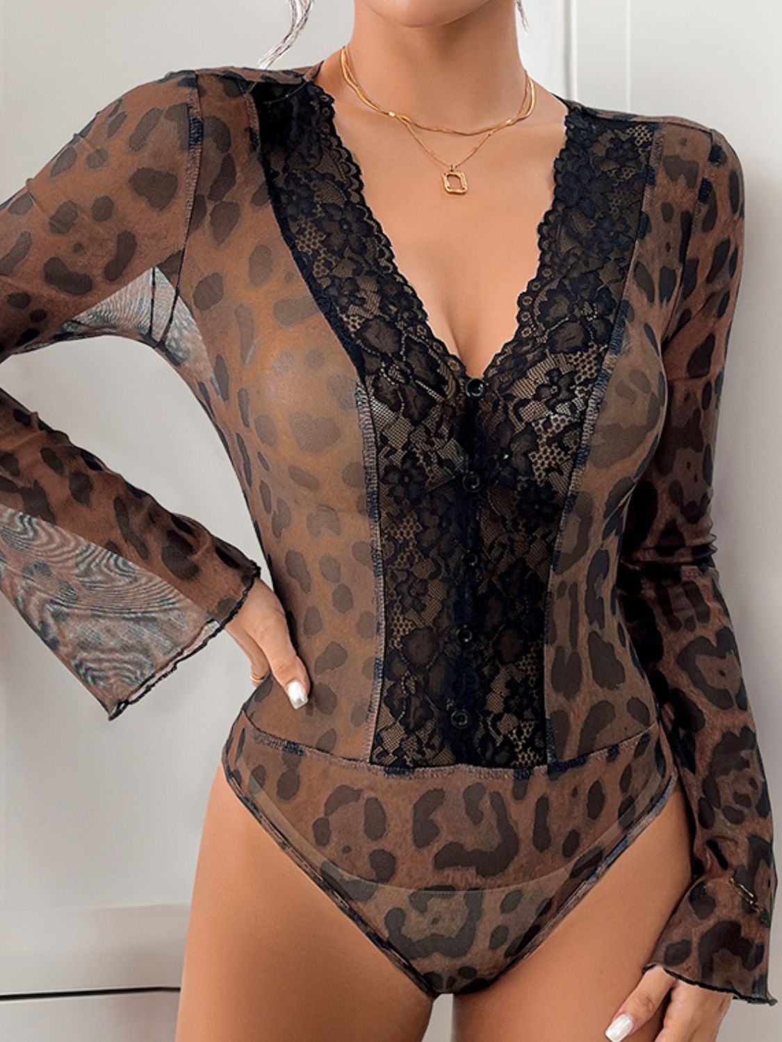 Perfee Leopard V-Neck Lace Bodysuit