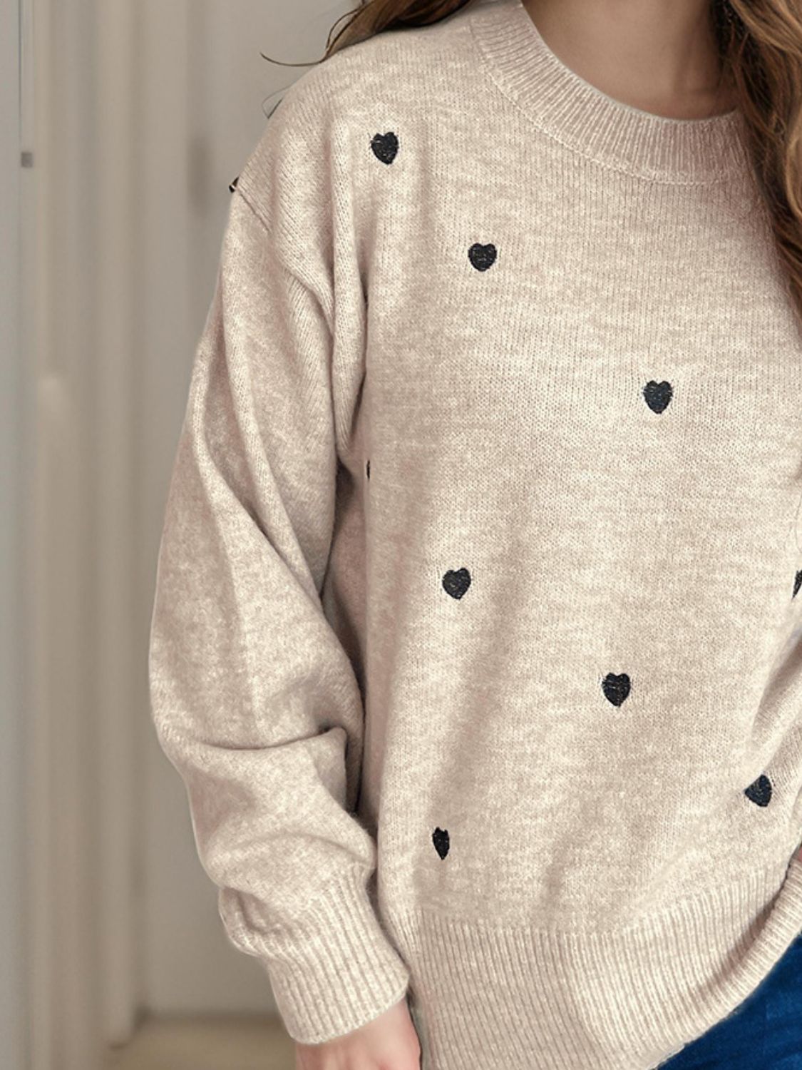 Heart Round Neck Long Sleeve Sweater