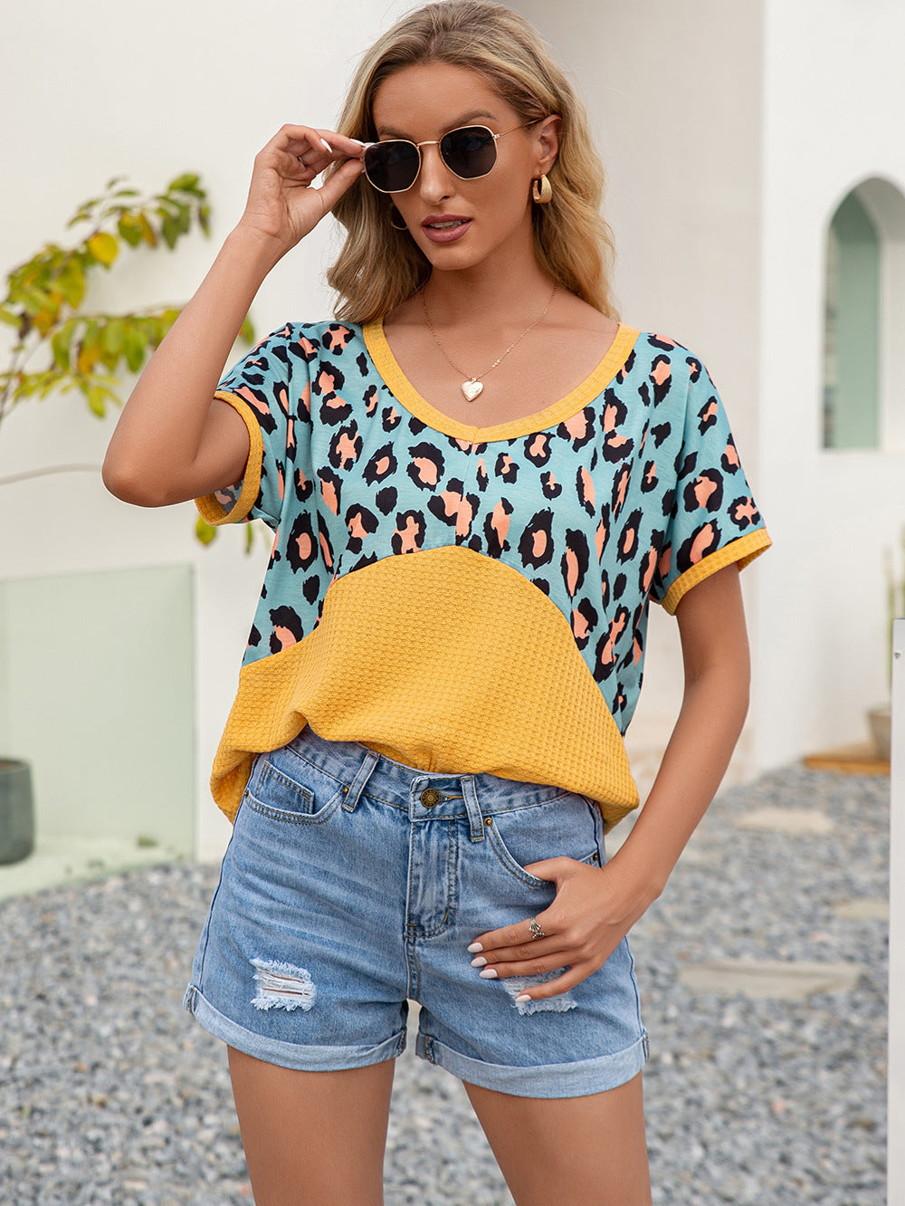 Ivy Lane Leopard Waffle-Knit Short Sleeve Top