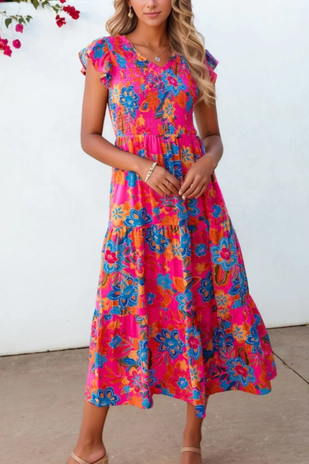 React Ruffle Boho Floral V Neck Ruffle Tiered Dress – React Flex
