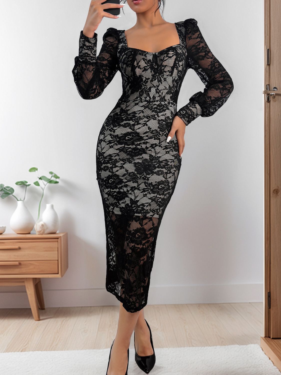 Perfee Lace Sweetheart Neck Long Sleeve Midi Dress