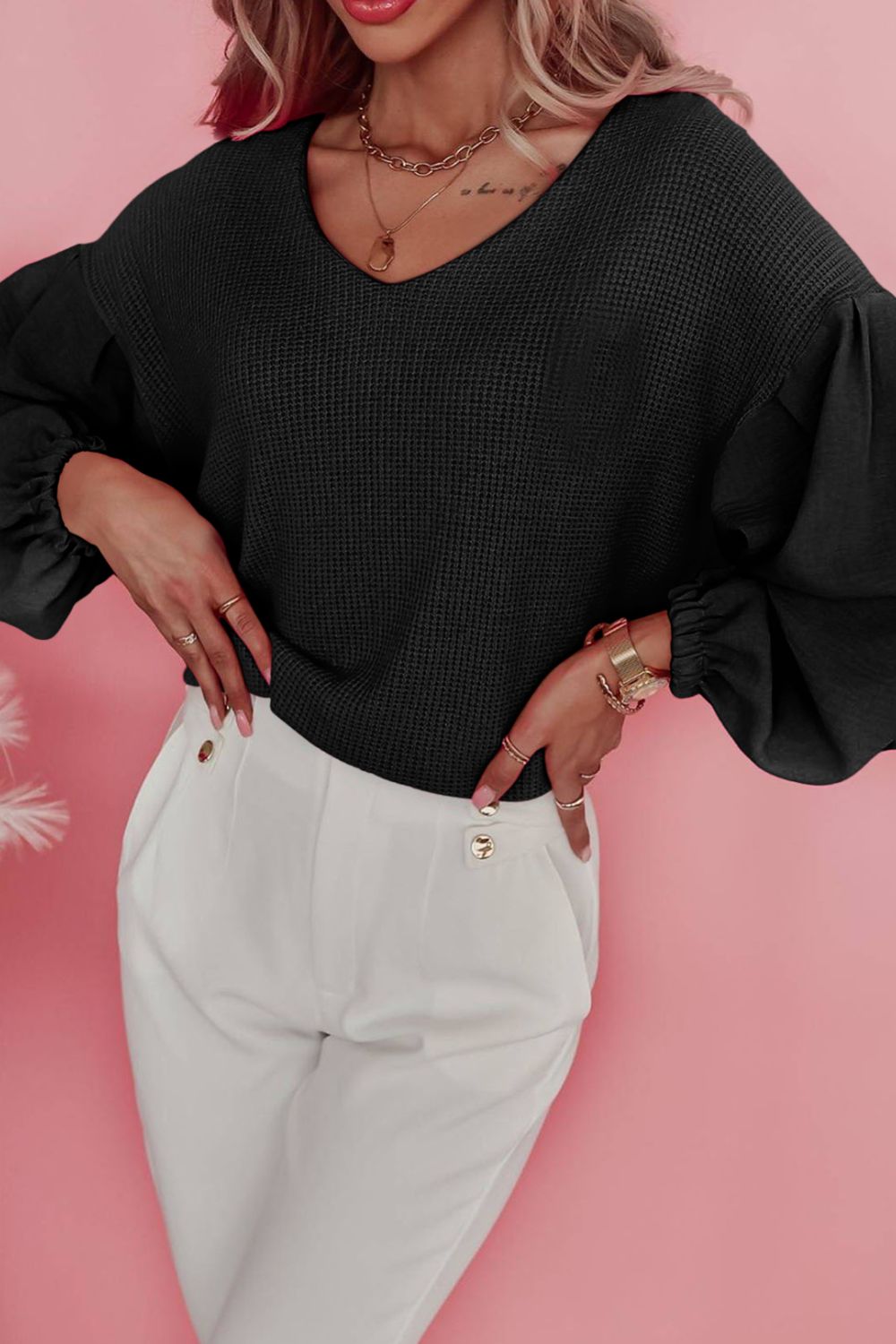 Waffle-Knit V-Neck Long Sleeve Blouse