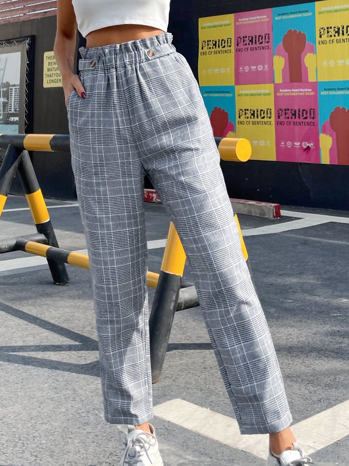 Plaid Elastic Waist Straight Pants