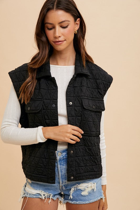 Annie Wear Texture Quilted Snap Down Vest Coat