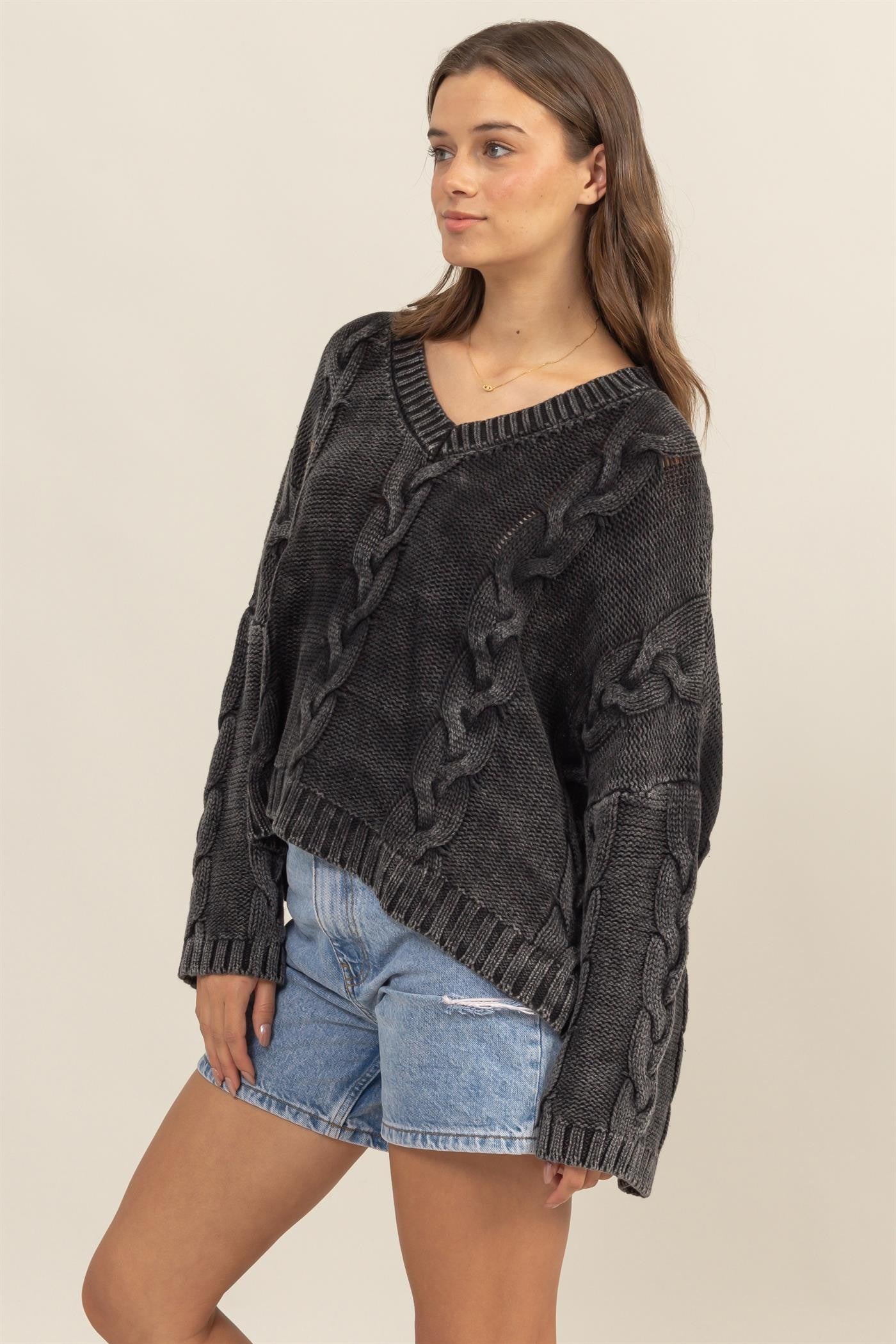 HYFVE Cable Knit V-Neck Dropped Shoulder Oversized Sweater