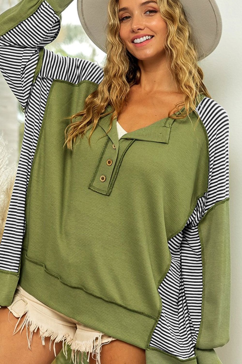 Striped Exposed Seam Half Button Sweatshirt