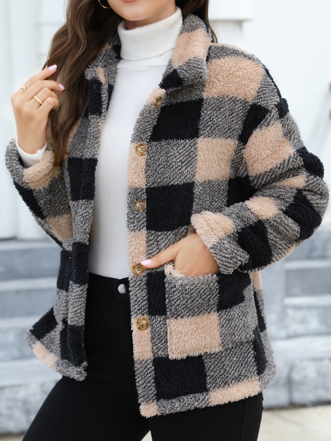 Button Up Drop Shoulder Fuzzy Jacket