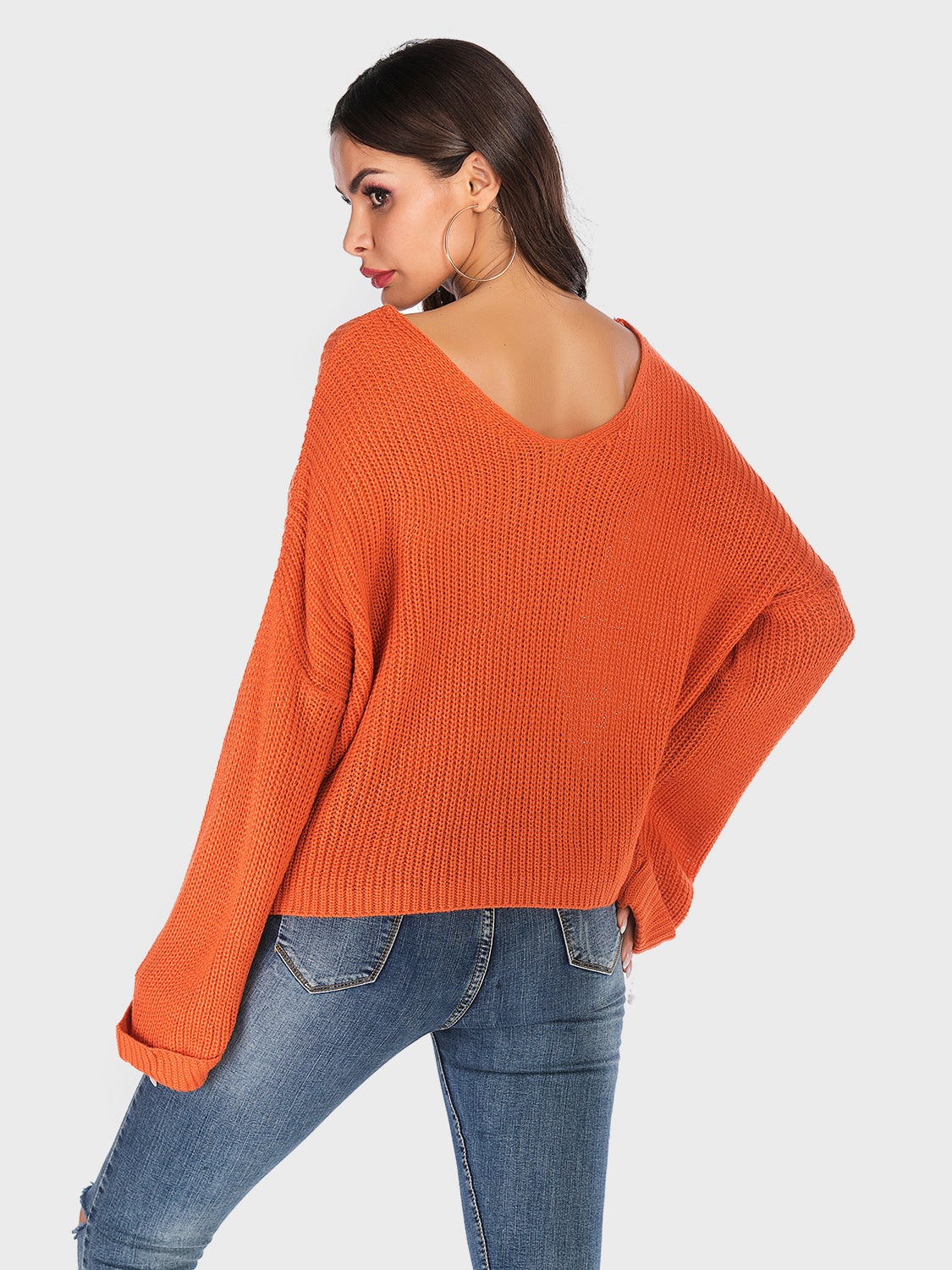 Perfee V-Neck Dropped Shoulder Long Sleeve Sweater