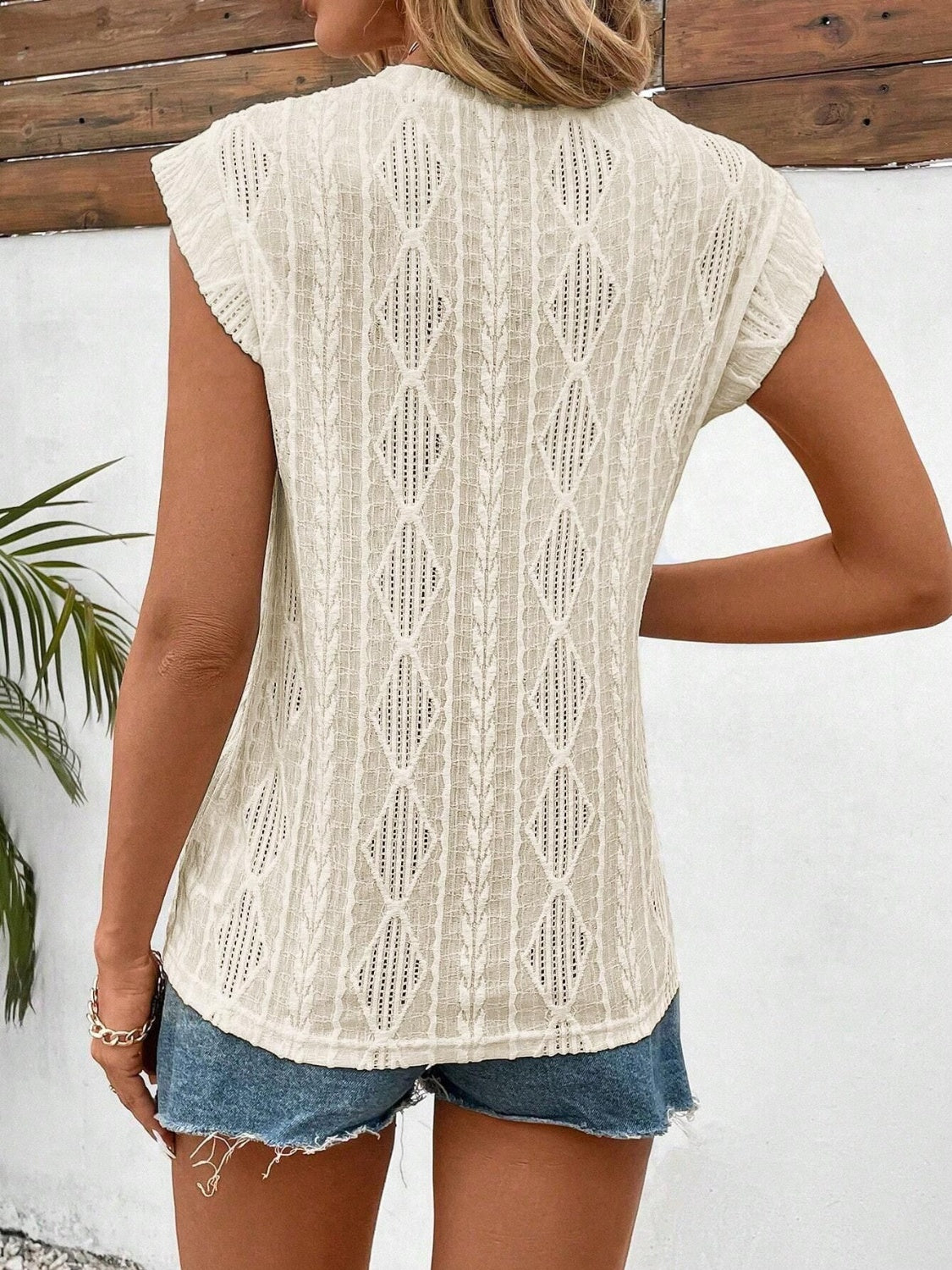 Openwork Round Neck Cap Sleeve Top