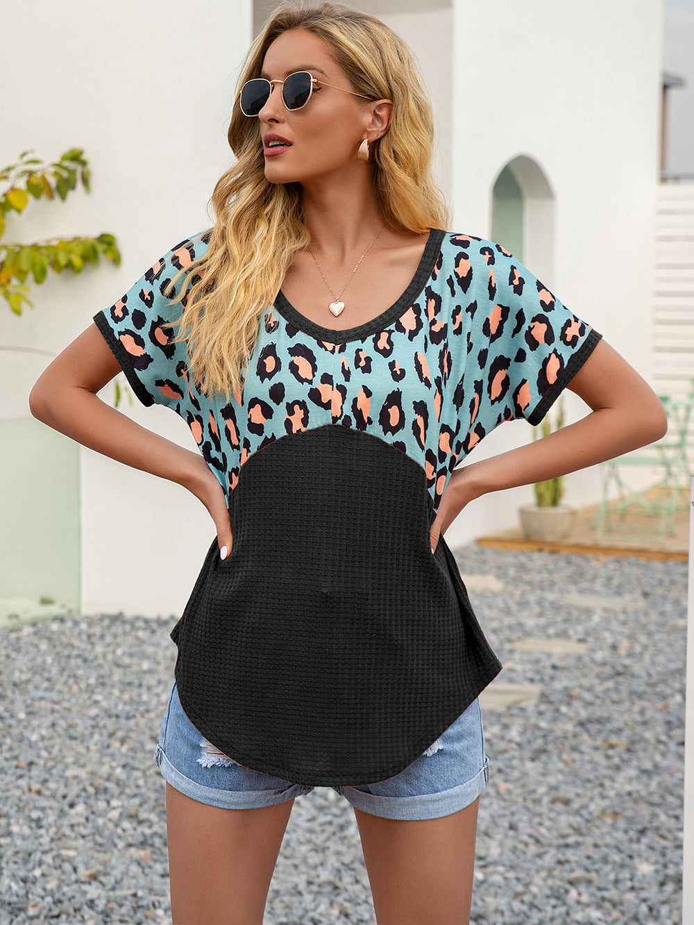 Ivy Lane Leopard Waffle-Knit Short Sleeve Top