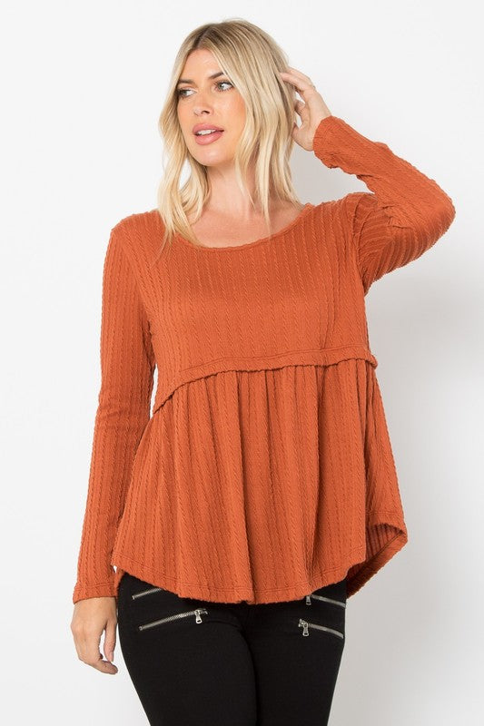 Be Stage Full Size Texture Babydoll Round Neck Long Sleeve Knit Top