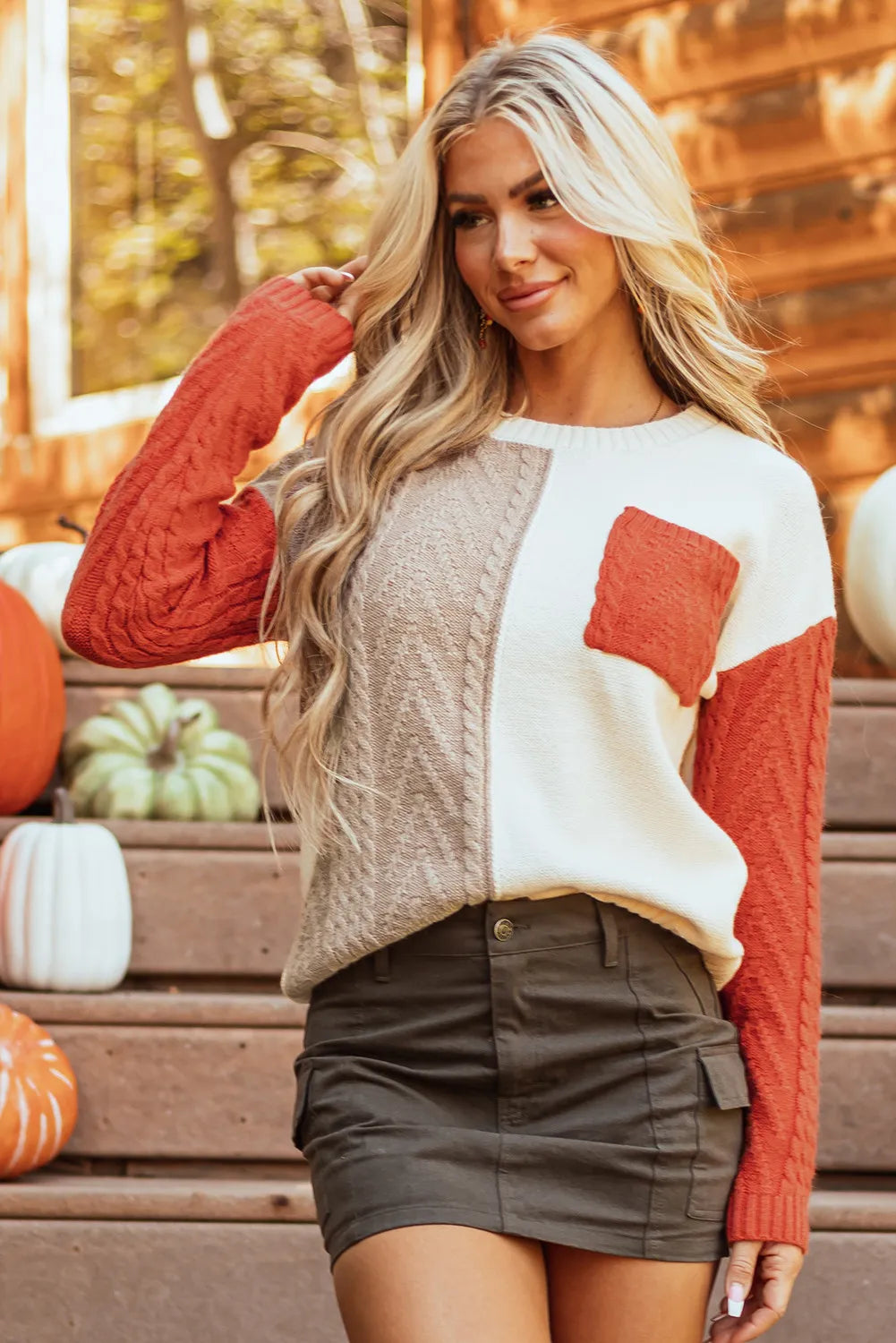 Color Block Round Neck Long Sleeve Sweater