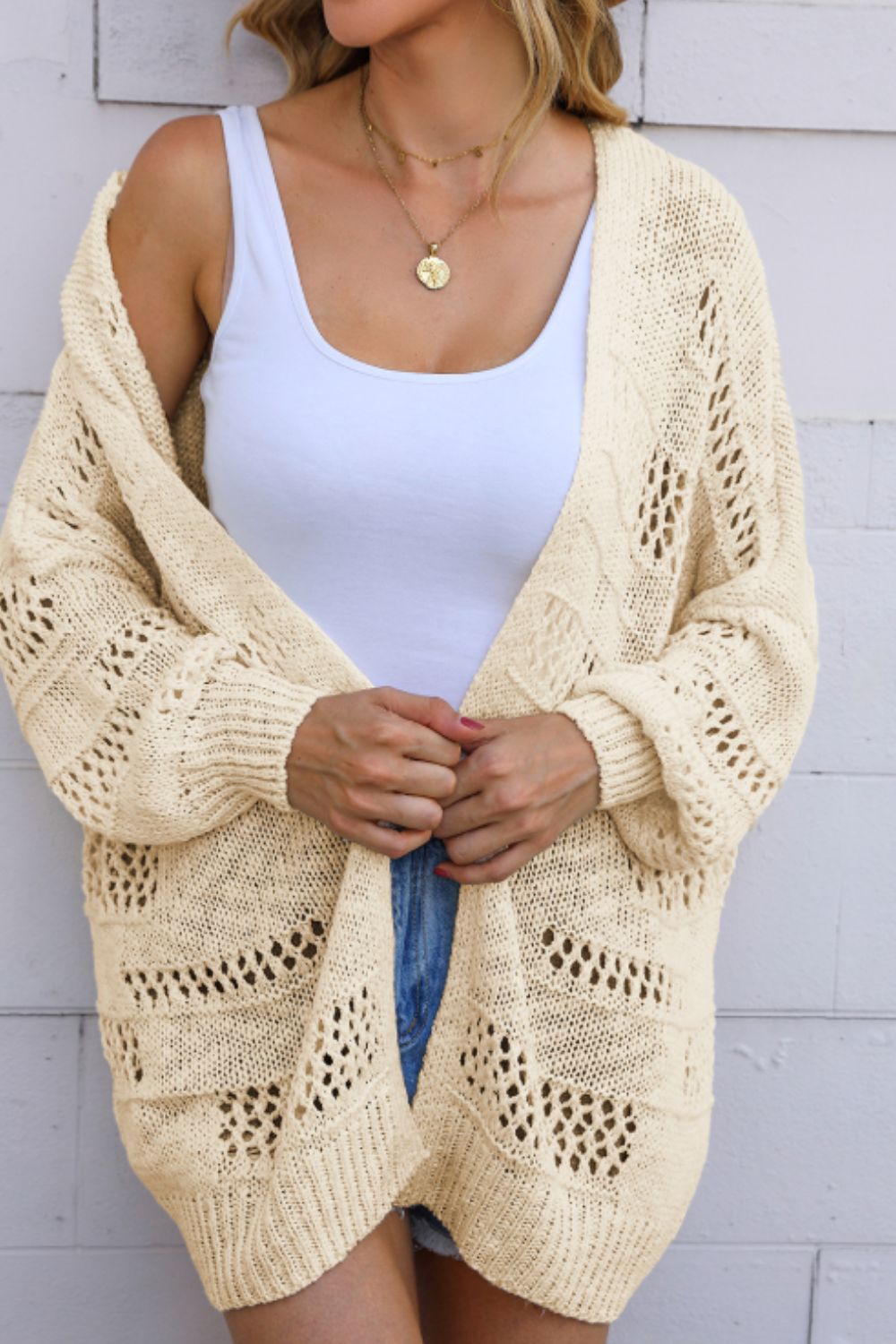 Openwork Open Front Long Sleeve Cardigan