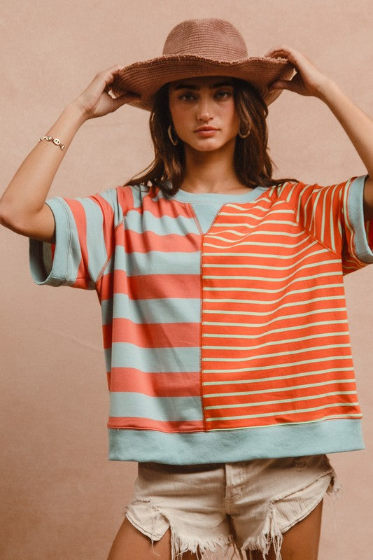 BiBi Striped Round Neck Half Sleeve French Terry Top