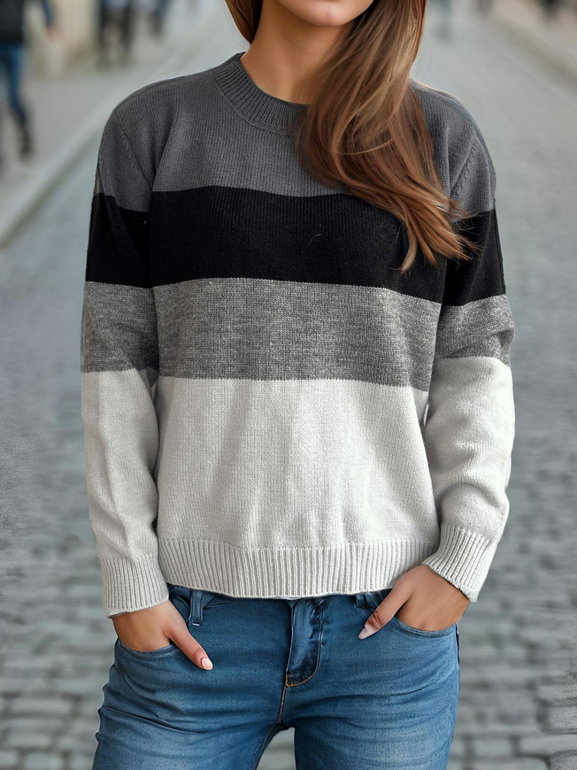 Color Block Round Neck Long Sleeve Sweater