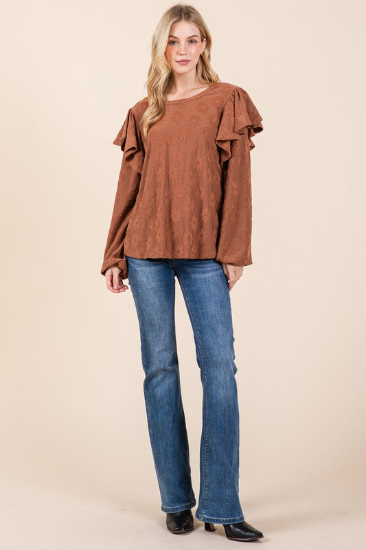 BOMBOM Ruffled Flower Round Neck Blouse