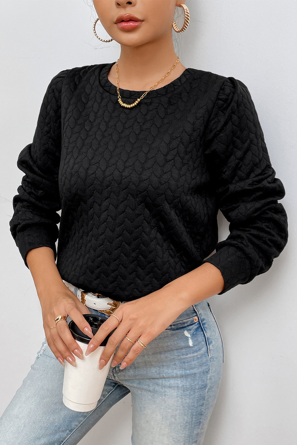 Texture Round Neck Long Sleeve Sweatshirt