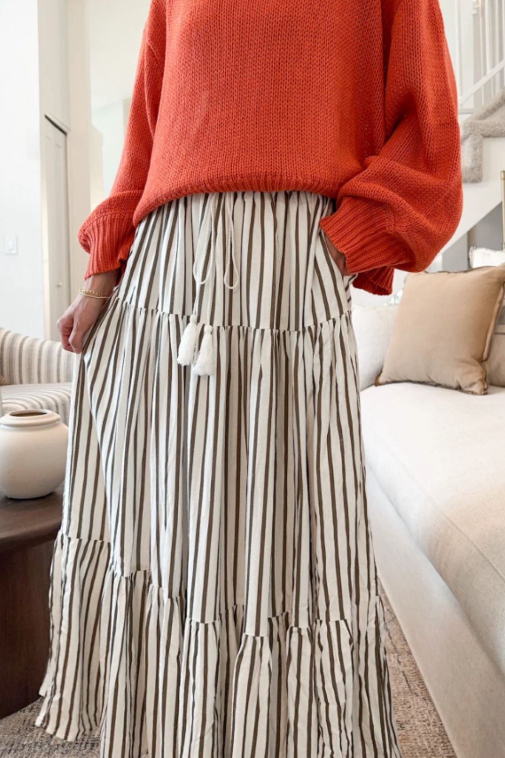 Tied Striped Maxi Skirt