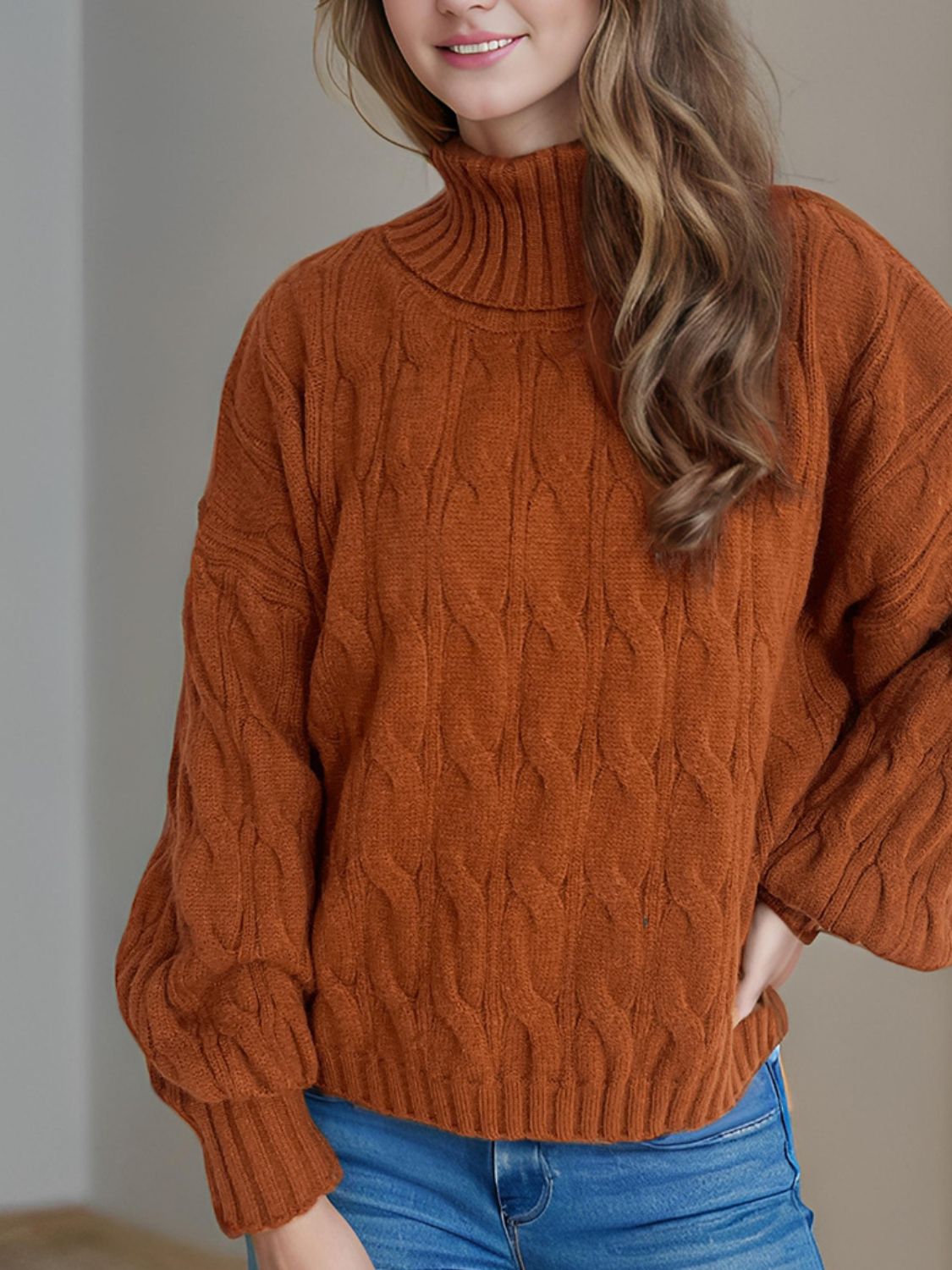 Cable-Knit Turtleneck Long Sleeve Sweater