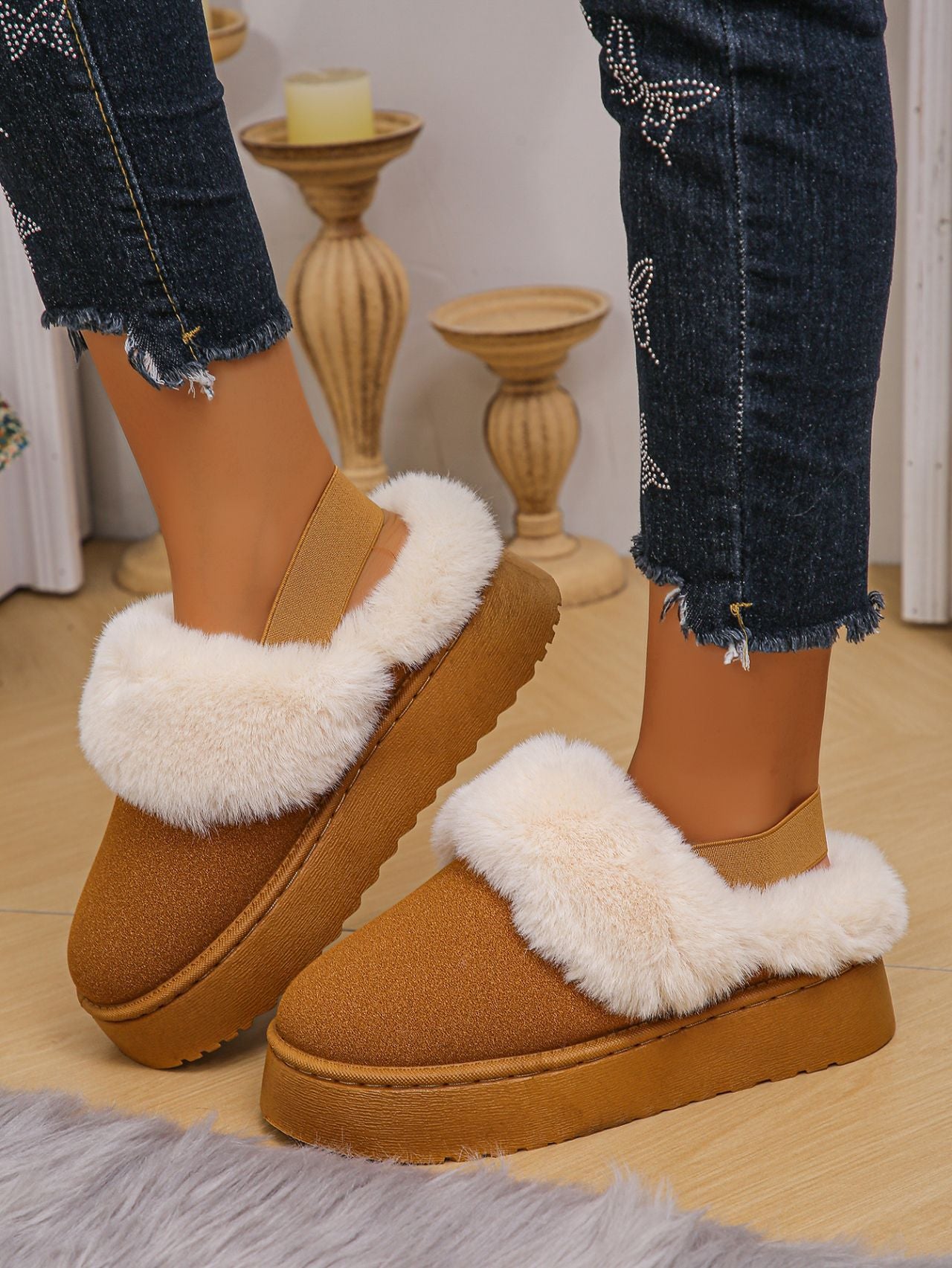 Faux Fur Round Toe Platform Slippers