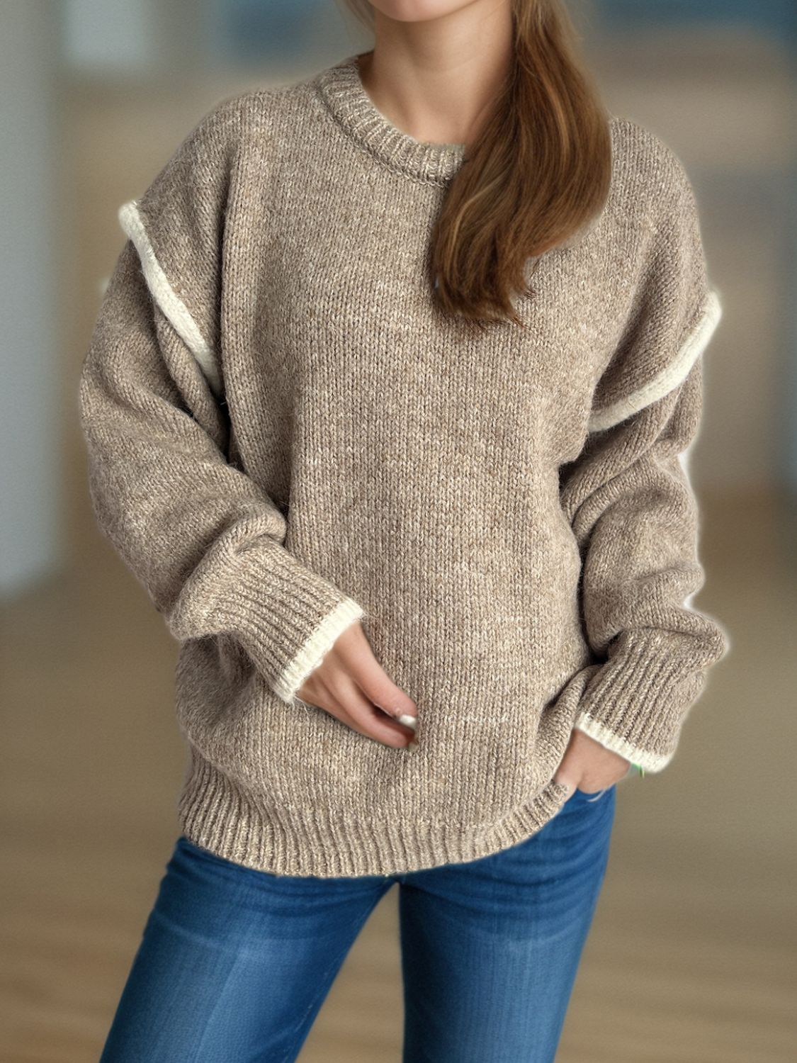 Contrast Trim Round Neck Dropped Shoulder Sweater