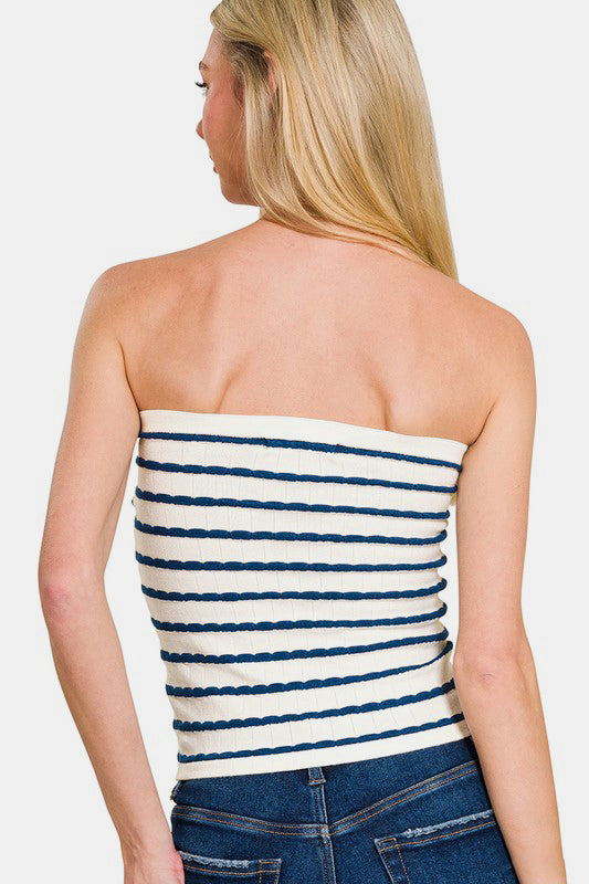 Zenana Twisted Sweetheart Neck Striped Tube Top