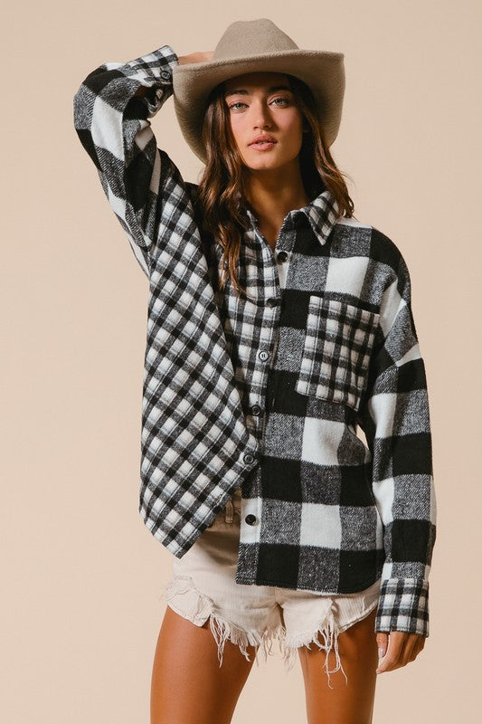 BiBi Plaid Fleece Button Down Long Sleeve Shirt