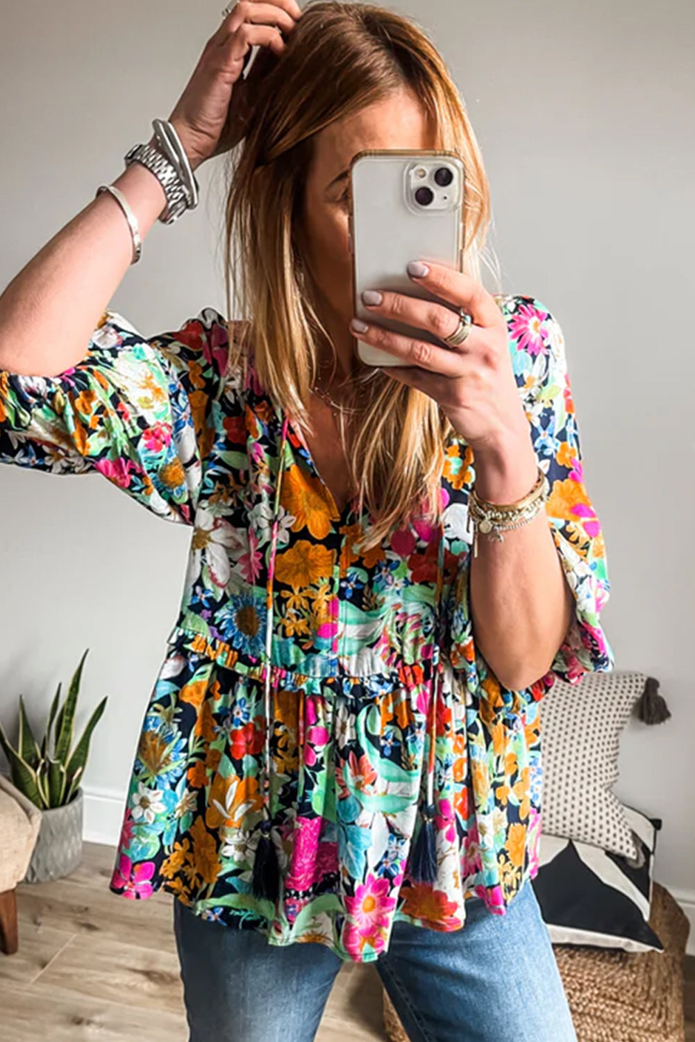 Floral Tie Neck Balloon Sleeve Blouse