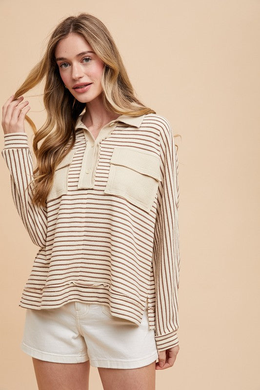 Annie Wear Striped Button Detail Long Sleeve Polo Top