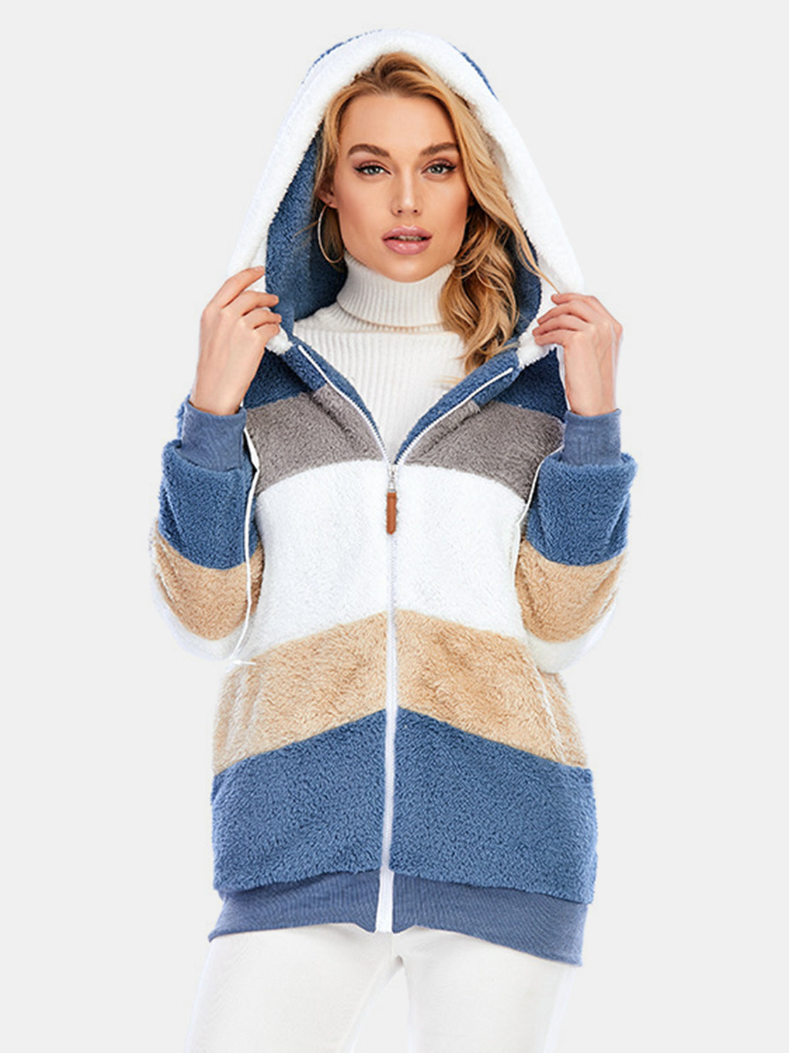 Full Size Drawstring Color Block Zip Up Hooded Outerwear